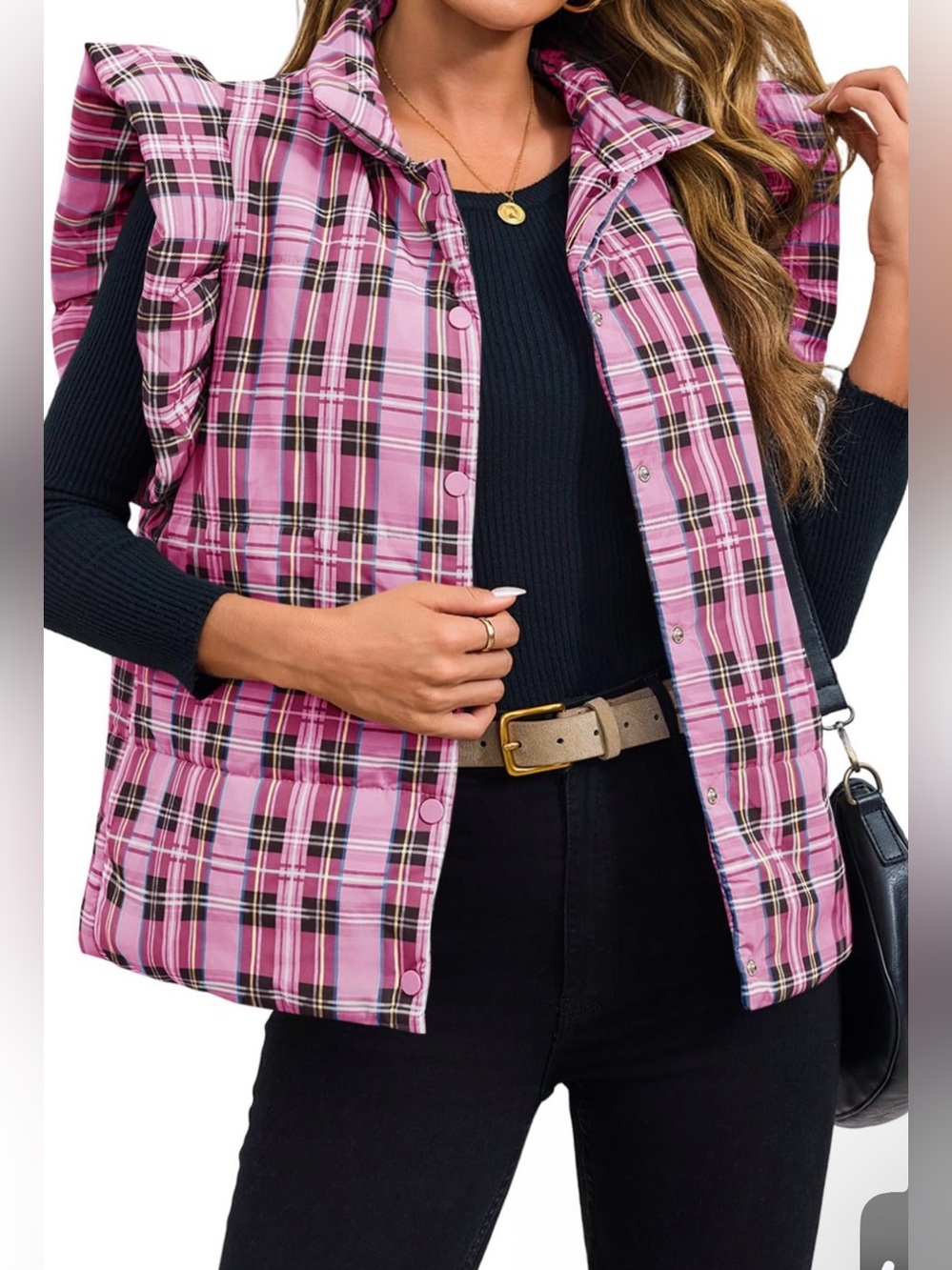 Women's Pink Plaid Puffer Vest - Sleeveless Jacket